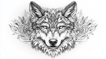 Detailed black and white wolf illustration with floral ornaments in elegant artistic sketch drawing style