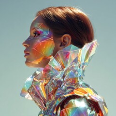 Futuristic portrait of woman in iridescent holographic outfit with rainbow light reflections on skin
