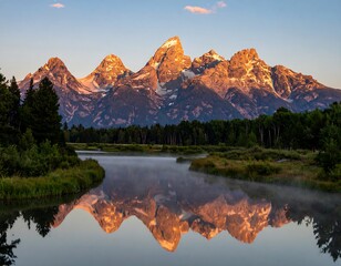 Majestic mountain range reflects in calm water, sunrise glow