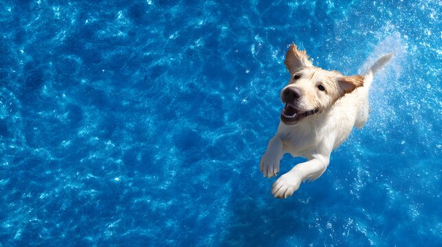 Senior Man Relaxing with Pet Dog Swimming in Pool