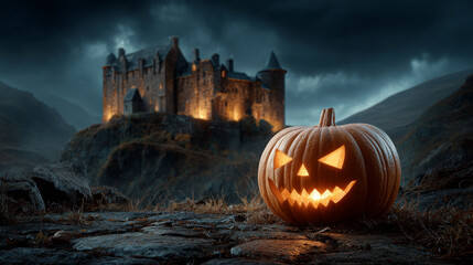 Halloween pumpkin lattern with medieval castle on background