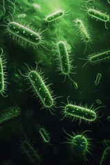 Green bacteria cells under microscope showing detailed structure of microscopic life and biology concept