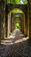 A sunlit gravel path leads through a long corridor of ancient stone arches surrounded by lush green forest.