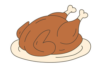 Roasted Thanksgiving turkey on plate flat vector illustration for holiday and festive meal design