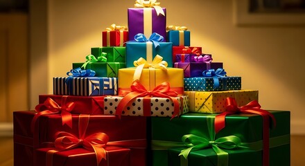 A large pyramid of colorful gift boxes with ribbons, stacked for a festive occasion.