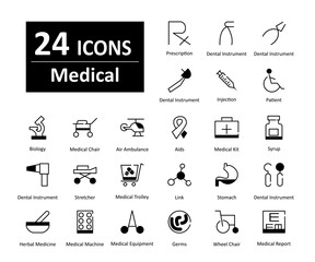 A set of 24 medical icons as prescription, dental instrument, injection