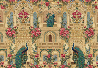 Ornate Indian palace wall with peacocks, pink roses, and intricate golden architectural details in a symmetrical pattern.