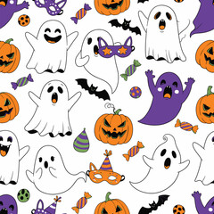 Seamless halloween pattern with ghosts pumpkins and bats vector