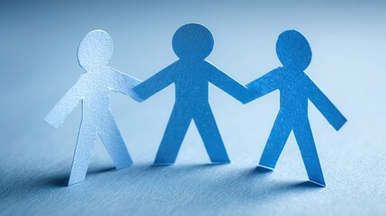 Minimalist High-Res Blue Paper Figures: Three Standing in Front (One Holding Hand to Another), Solid Light Background + Pro Color Grading (Sharp Focus)