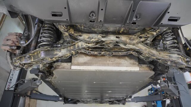 Rear undercarriage of electric car after being sprayed with lanolin rustproofing product, crossmember, control arms, sway bar, battery compartment visible, left to right slider shot.