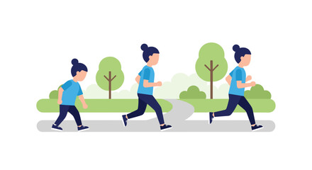 Woman's progress in jogging from walking to running outdoors