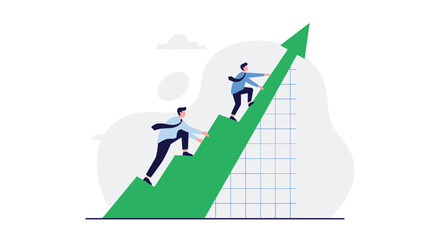 Business professionals climbing a rising arrow graph representing financial growth and success