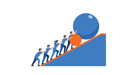 Teamwork Effort Pushing Heavy Sphere Upward Against Resistance