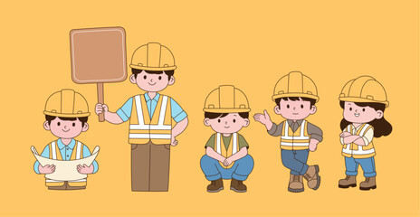 Safety characters at construction sites. Minimal line illustration design.