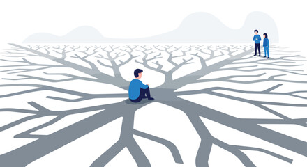 Person sitting at a crossroads contemplating life path decisions surrounded by multiple branching opportunities and others observing from a distance