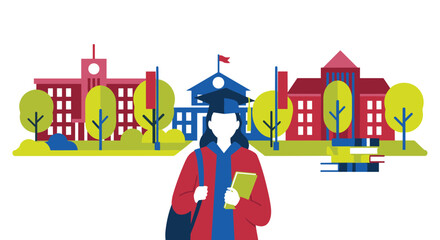 Student Graduate Walking Toward University Buildings With Trees and Books in Background