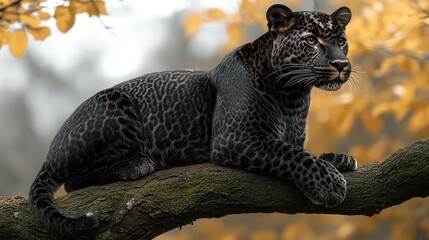 Obraz premium Black panther resting on tree branch, autumn leaves background.