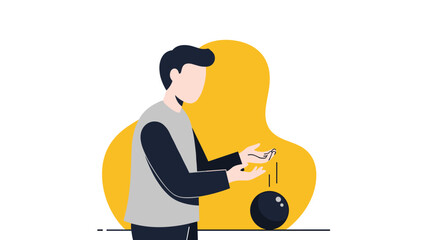 Man playing with a gravity ball demonstrating physics concepts in abstract art style