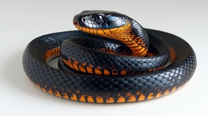 Naklejka premium Black snake with orange markings coiled on white background.