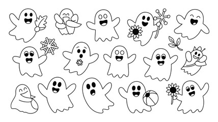 Fototapeta premium Collection of cute cartoon ghosts with different accessories in a white background halloween theme design silhouette