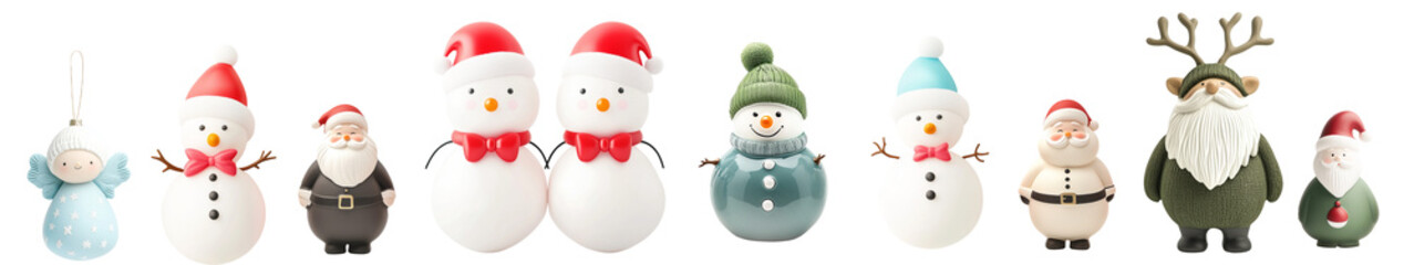 Adorable snowman and Santa Claus figurines in playful winter outfits, displayed in a row isolated on white background, holiday decoration concept