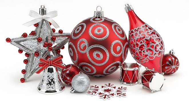 A collection of festive red and silver Christmas ornaments including a star, baubles, bells, and drums.