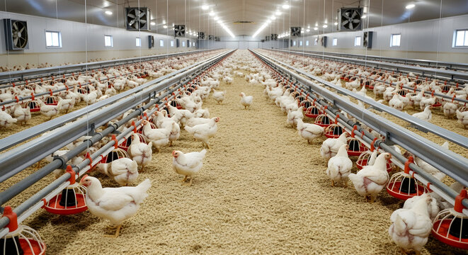 Indoor Poultry Farm - Rows of Chickens in a Large Shed.