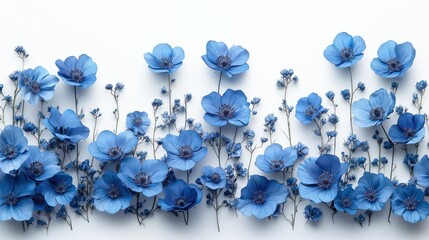 Blue flowers arranged in a row on white background.