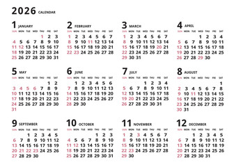 2026年_年間カレンダー_シンプル ヨコ型	

