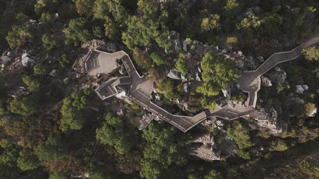 Drone aerial over Miradouro Ermida de Sao Simao showing the viewpoint and surrounding landscape in Portugal.