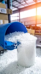 Plastic granules pouring from a container