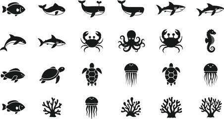 Collection of marine life silhouettes including fish whales sharks crabs octopuses sea turtles seahorses and coral isolated on transparent background