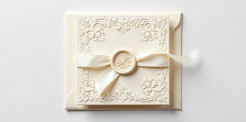 Romantic Wedding Invitation Elements A sophisticated flat lay composition of wedding invitation elements. Include a textured cream colored card with abstract, watercolor floral accents. A elegant