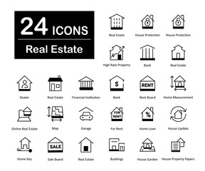 A set of 24 real estate icons as real estate, house protection, high rate property