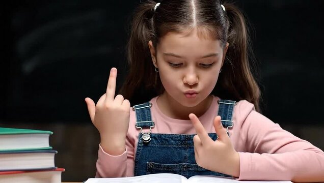 Young Girl Counting on Fingers While Studying Math Problem