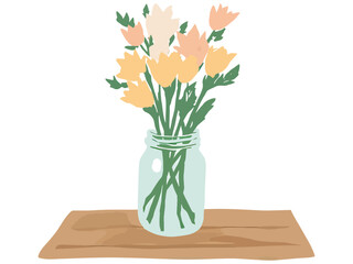 Mason Jar with Wildflowers on Wooden Table | Rustic Floral Arrangement in Glass Jar | Country Style Mason Jar Bouquet on Wood Surface | Simple Wildflower Decoration on Wooden Table 