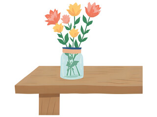 Mason Jar with Wildflowers on Wooden Table | Rustic Floral Arrangement in Glass Jar | Country Style Mason Jar Bouquet on Wood Surface | Simple Wildflower Decoration on Wooden Table 