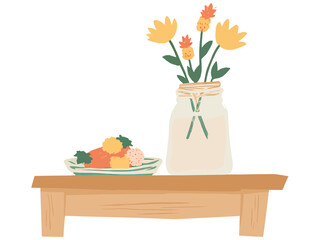 Mason Jar with Wildflowers on Wooden Table | Rustic Floral Arrangement in Glass Jar | Country Style Mason Jar Bouquet on Wood Surface | Simple Wildflower Decoration on Wooden Table 