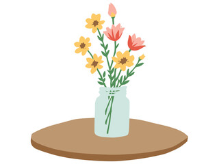 Mason Jar with Wildflowers on Wooden Table | Rustic Floral Arrangement in Glass Jar | Country Style Mason Jar Bouquet on Wood Surface | Simple Wildflower Decoration on Wooden Table 