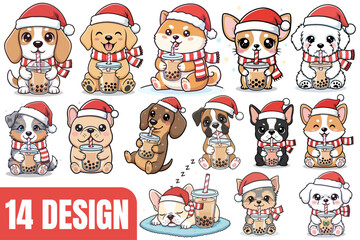 Kawaii Christmas Dog Puppies Boba Tea Bundle Holiday Vector