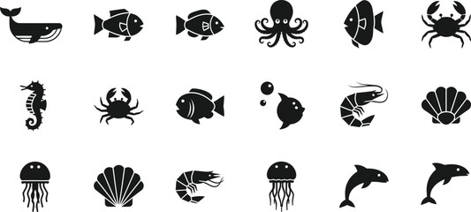 Collection of black silhouette marine life icons including fish octopus crab seahorse shrimp jellyfish and dolphin isolated on transparent background © Graphicazzy