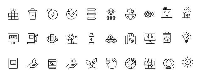 A Modern and Versatile Icon Set for Solar Energy, Renewable Resources, Eco-Friendly Solutions, and Green Technology Initiatives