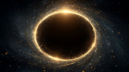 Naklejka premium Glowing Golden Celestial Portal Ring Surrounded by Sparkling Cosmic Swirls and Light Orbs