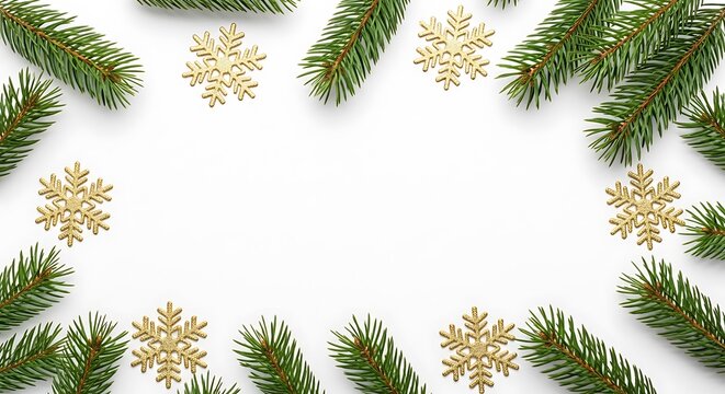 A festive Christmas border with green pine branches and golden snowflakes on a white background.