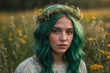 Illustrative portrait of whimsical girl with emerald green hair and botanical wildflower crown in sunlit meadow