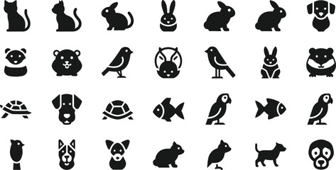 Collection of silhouette icons representing various domestic animals and pets isolated on transparent background