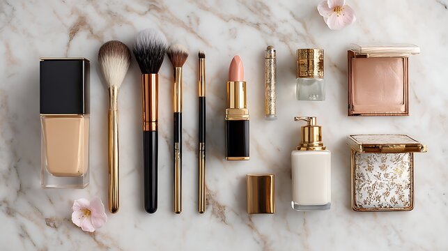 Cosmetic set with makeup brushes and foundation bottles arranged on the table - Powered by Adobe