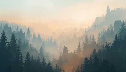 Cinematic foggy canyon with layered paper cut silhouettes of trees and rocks under pastel gradient sky