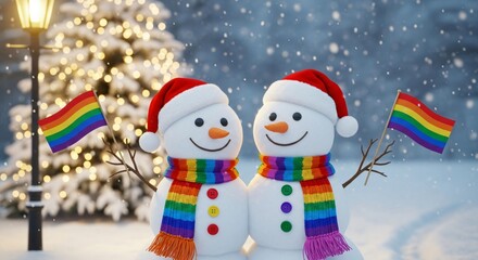 Two snowmen wear Santa hats and rainbow scarves holding rainbow flags in a snowy winter scene