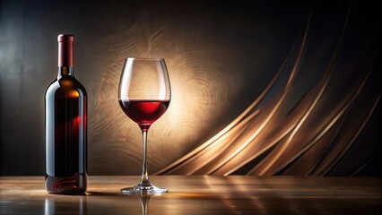 A bottle of red wine and a glass filled to the brim, elegantly poised on a rich wooden surface, set against a backdrop of abstract, swirling bronze tones.